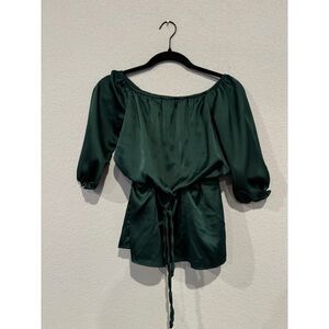 CALS Women's Size Small Puffed Sleeves Tie-Front Off-Shoulder Blouse Dark Green